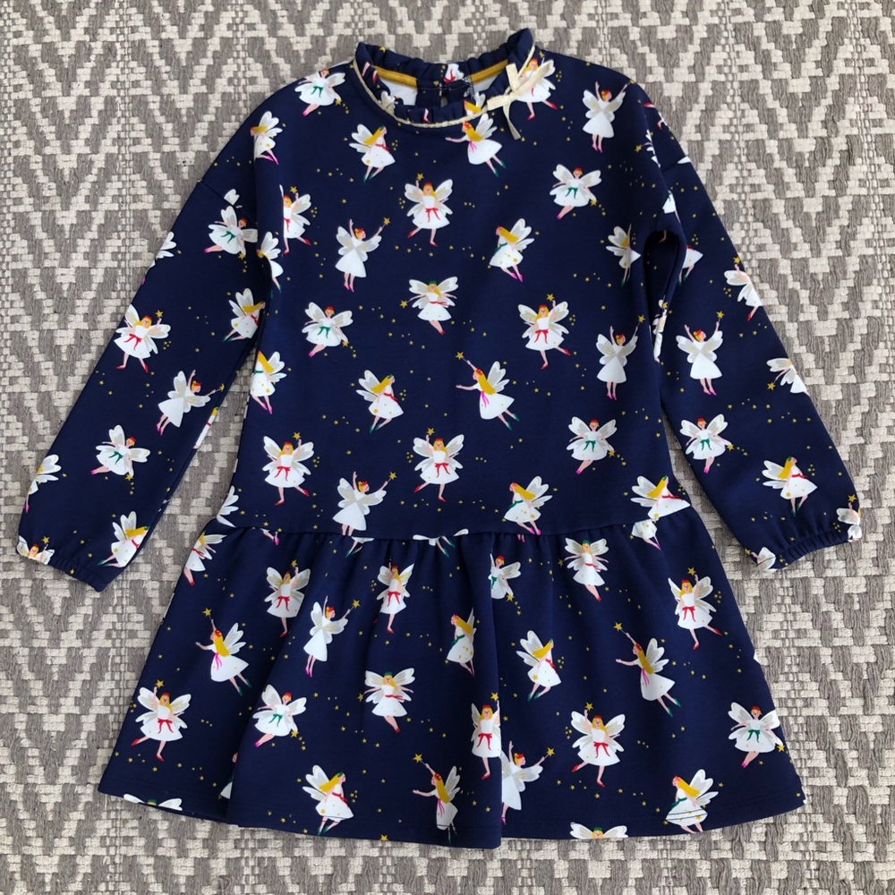 Mini Boden college blue festive fairies tunic dress size 7-8Y